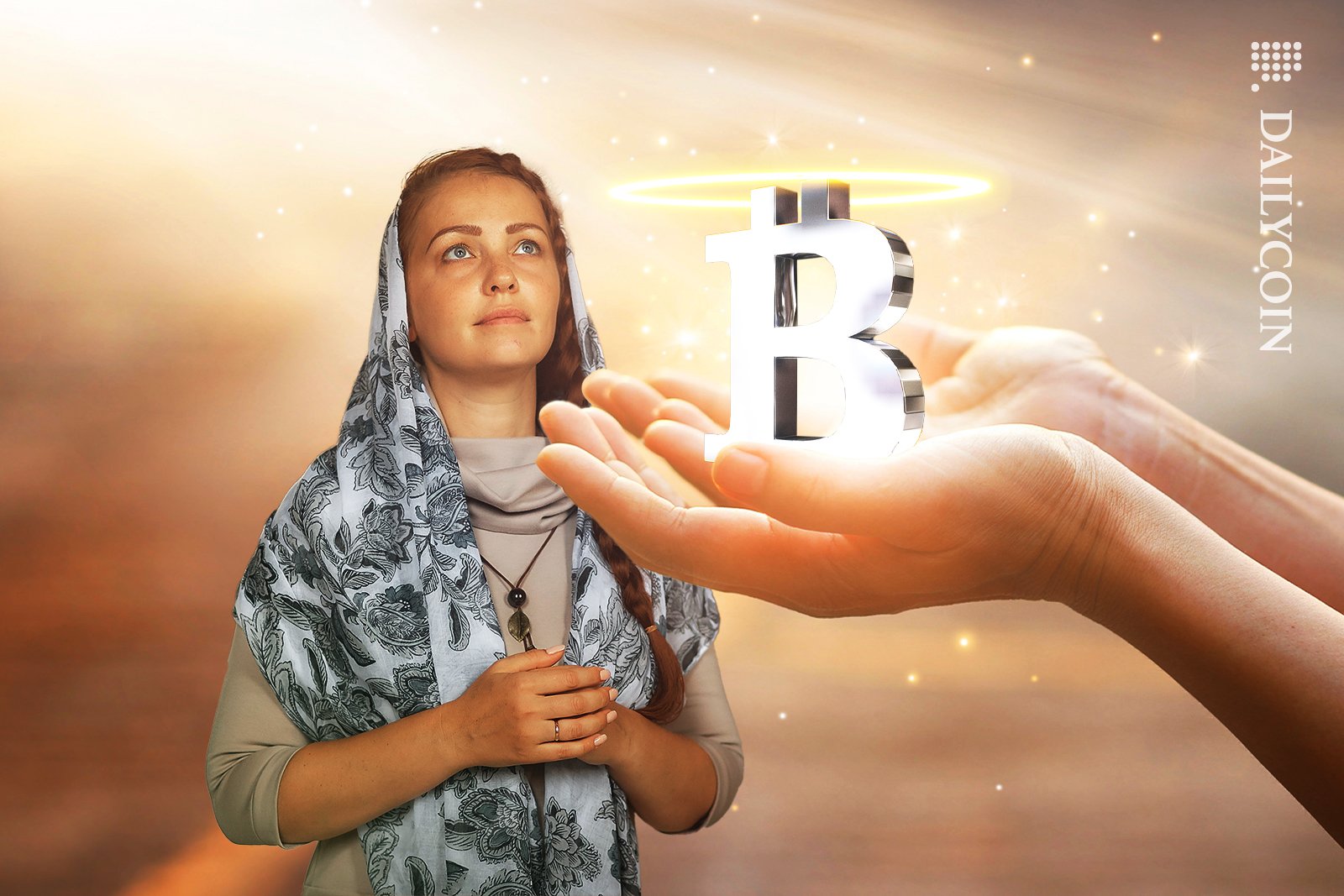 Woman looking up at an the angelic like hands holding bitcoin with a gold halo.