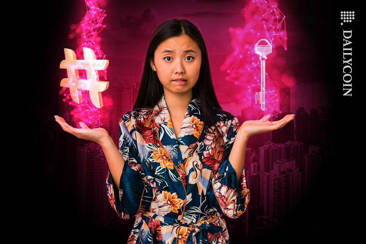 Girl from Hong Kong holding a hashtag and a key concerned.