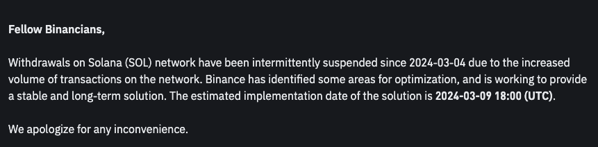 An apology letter from Binance about suspension of withdrawals on Solana (SOL) network.