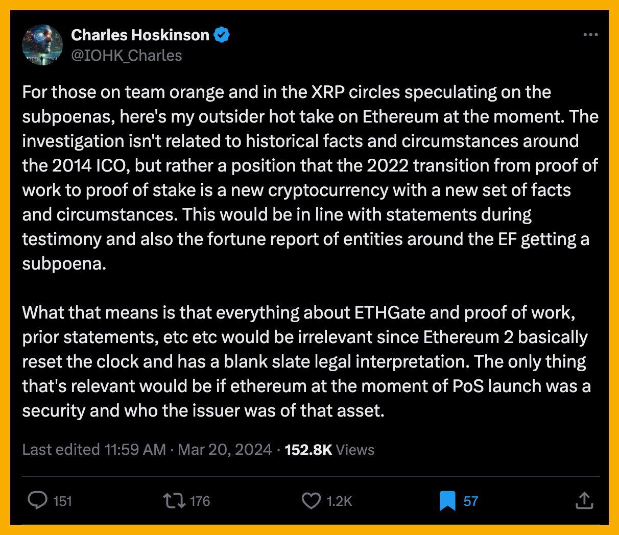 Charles Hoskinson comments on the Ethereum Foundation investigation. Source: X