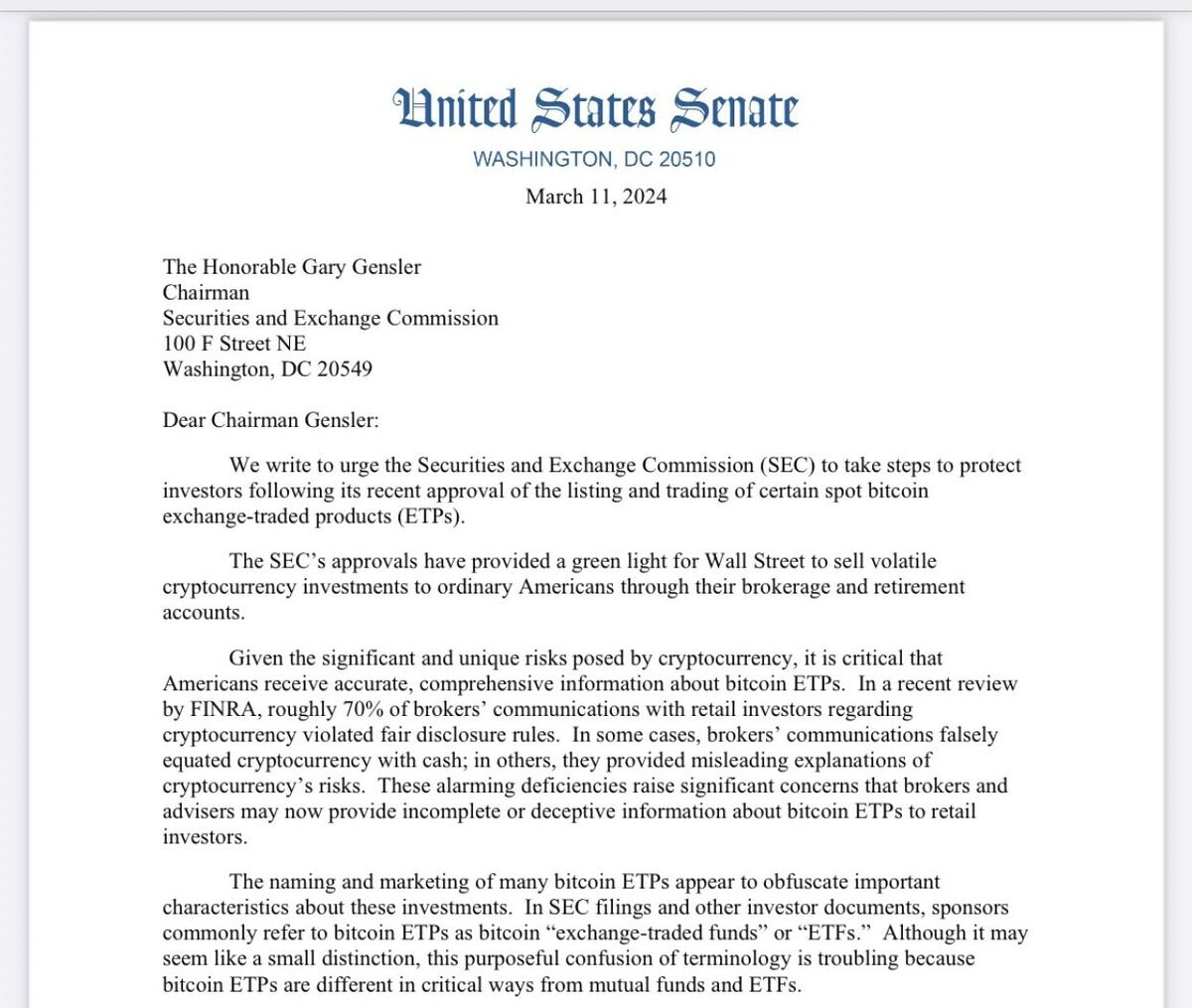 United States Senate letter to Gensler.
