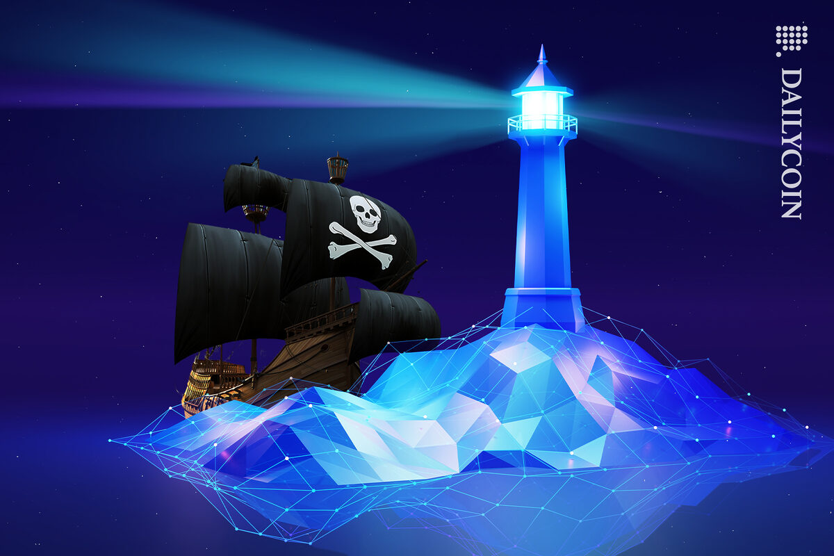 Pirate ship approaching the blockchain island and a lighthouse.