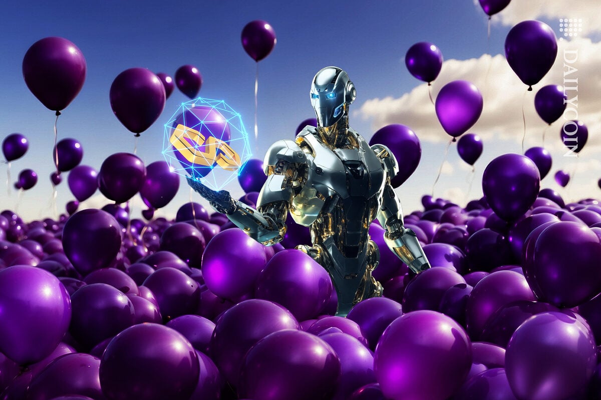 Robot in the kiddle of a field filled with balloons holding polygon matic DEFI network ball.