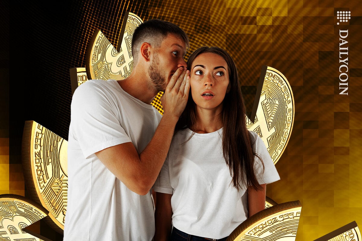 A cpuple whispering abput the Bitcoin missing puzzle pieces.