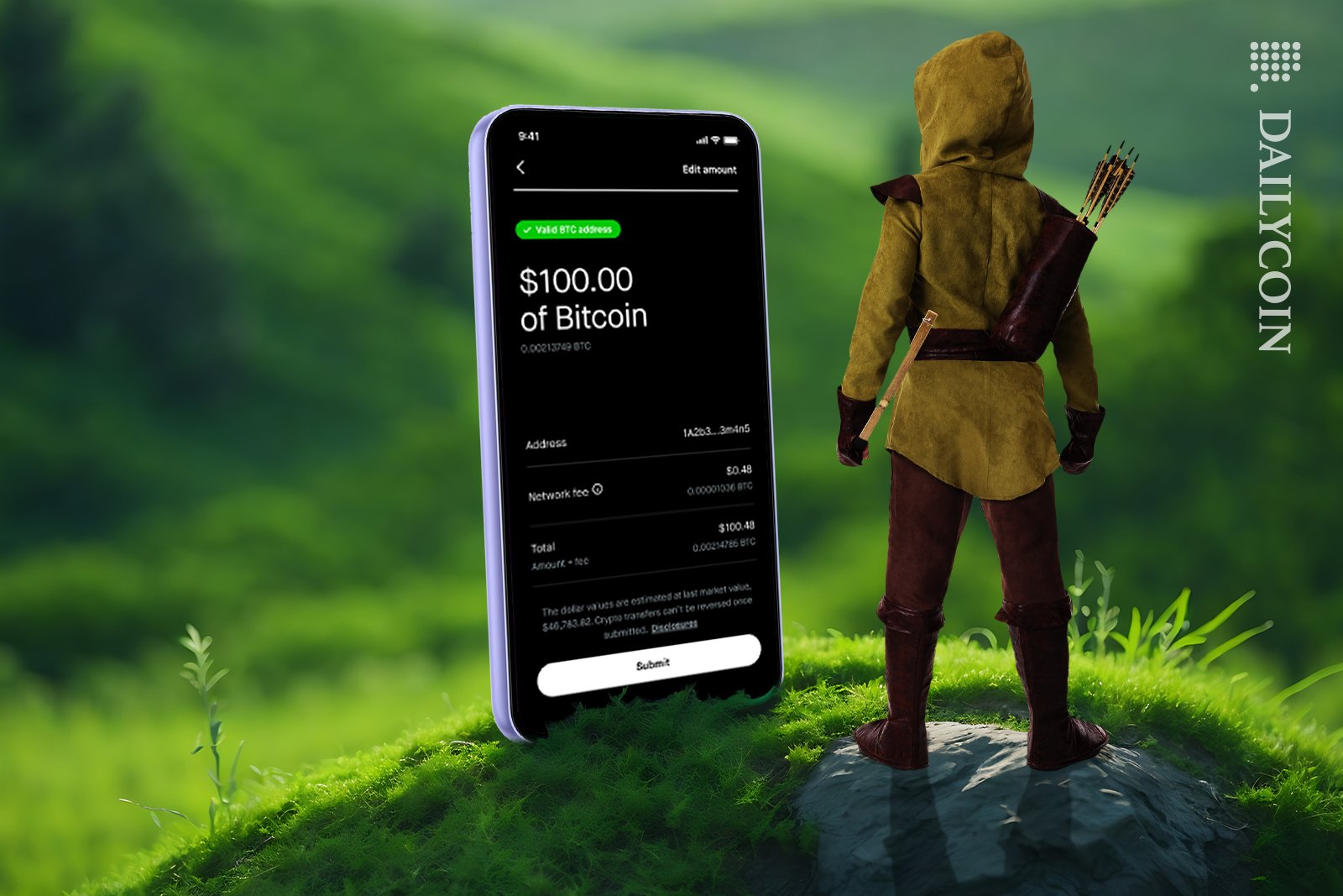 Robinhood on top of a hill with a samsung using his crypto wallet.