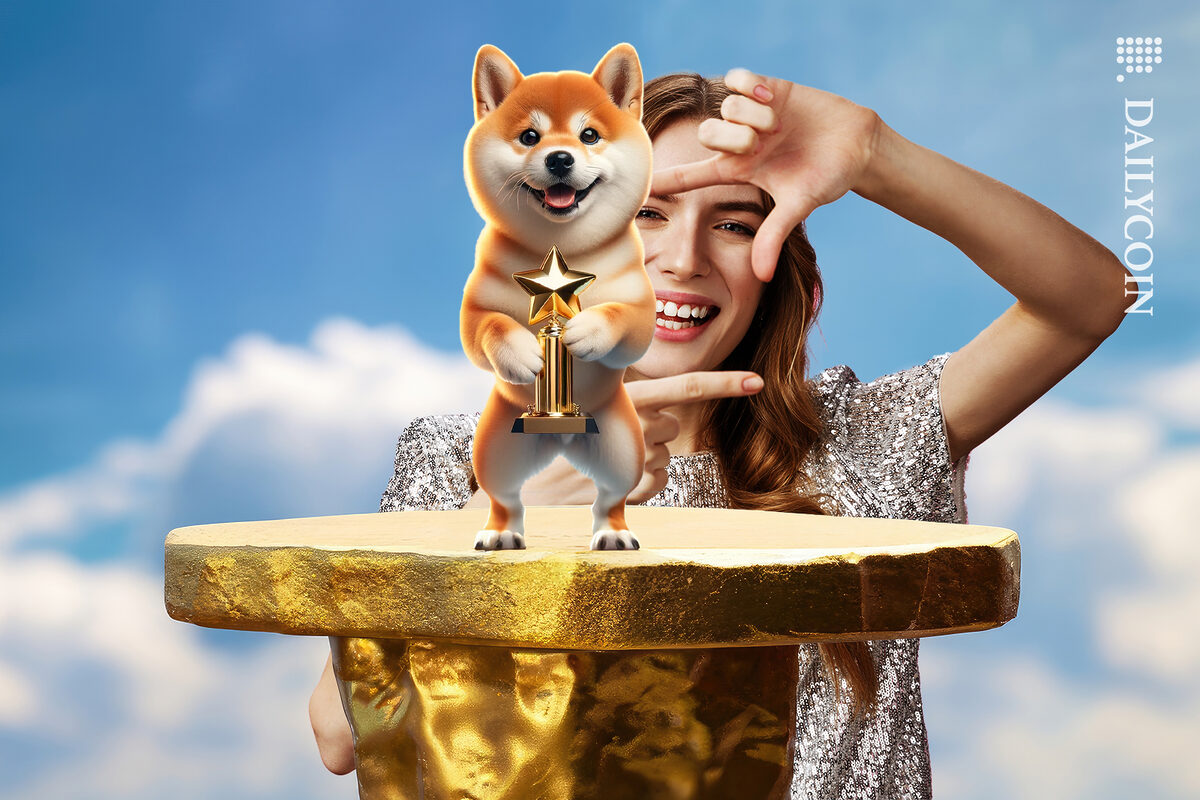 Woman admiring shiba inu with the star trophy.