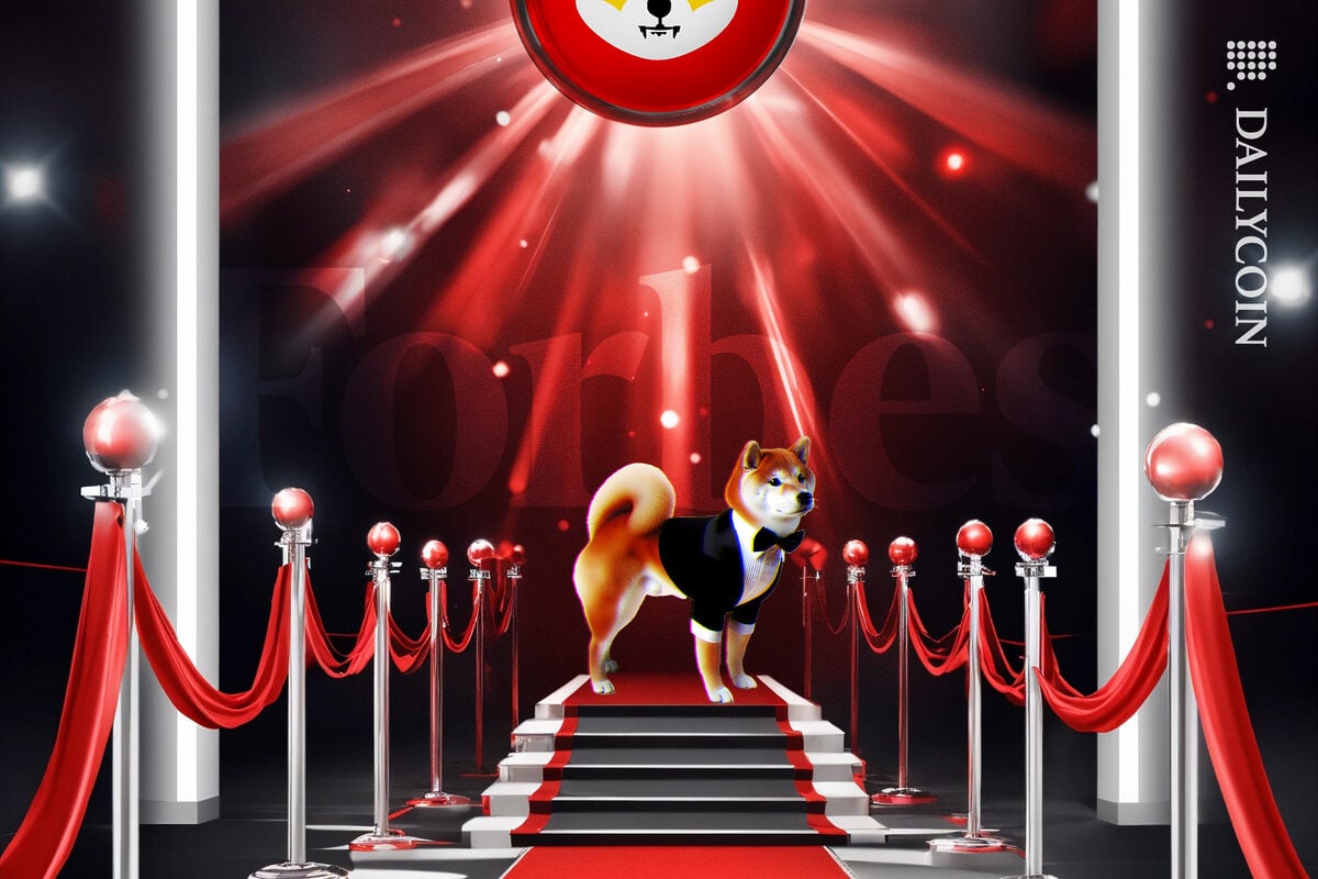 Shib dressed in a tux, receiving recognition on a stand in the hall of fame of Forbes.