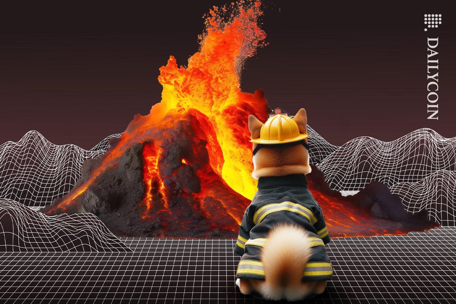 Shiba inu watches its land being run by hot lava.