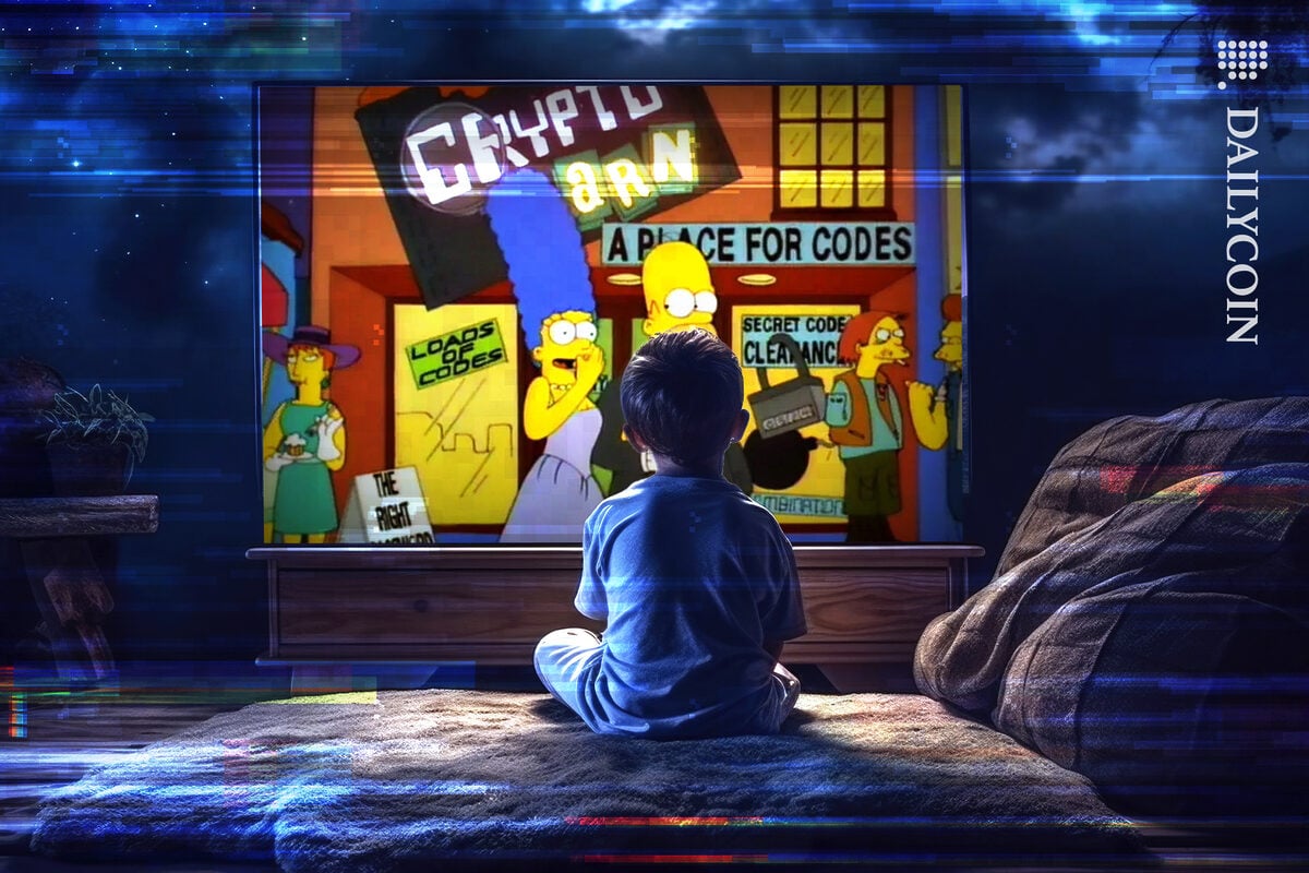 Kid watching an old Simpsons episode with a Crypto ARN.
