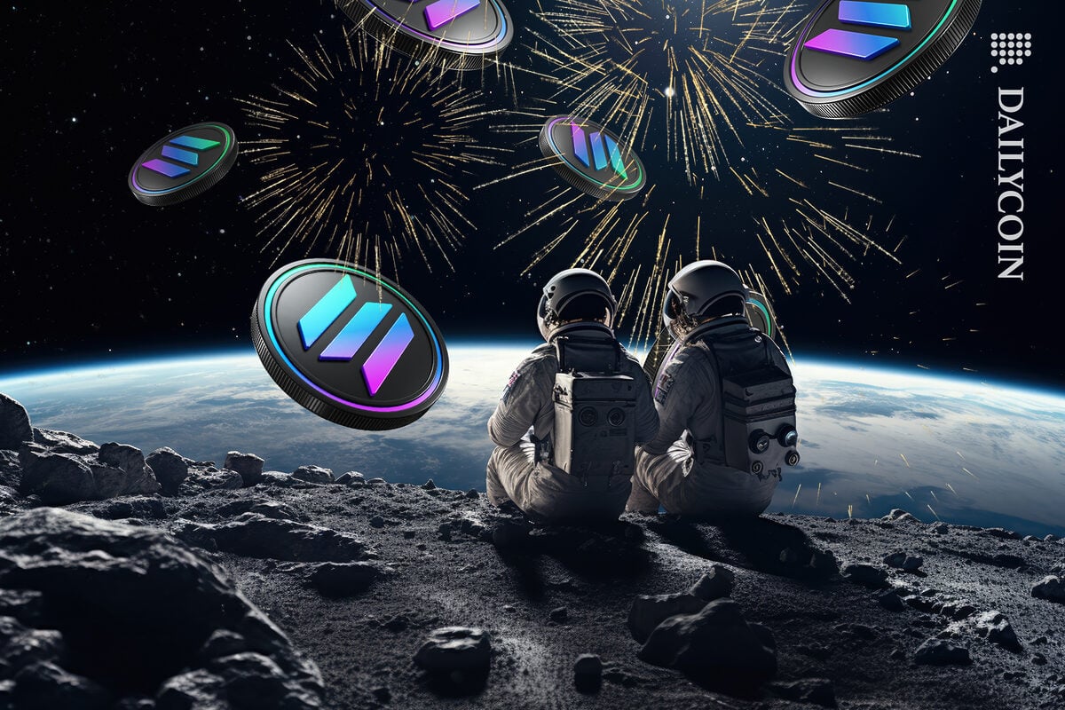 Two astronauts sitting on the moon watching solana coins burst with fireworks from earth.