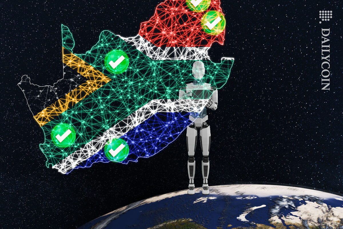 Robot approving South Africa's blockchain locations on a map.