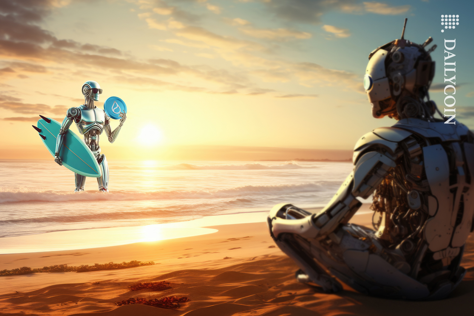 Robot seeing his friend return from surfing. Robot comes back with a Sui token in the calm waters.
