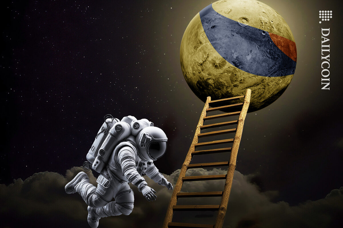 Astronaut reaching for the ladder thats going up to Terra Luna moon.
