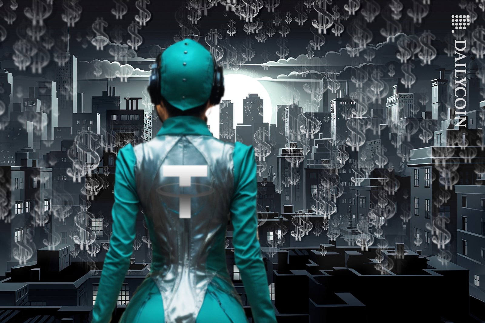 Tether Lady looking at the city with hundreds of USDT's.