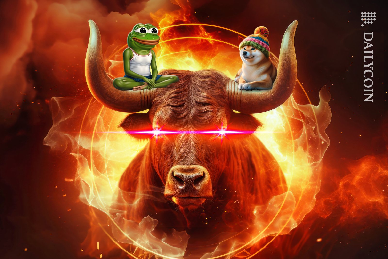 Bull on fire with Pepe and WIF sitting on his horns.