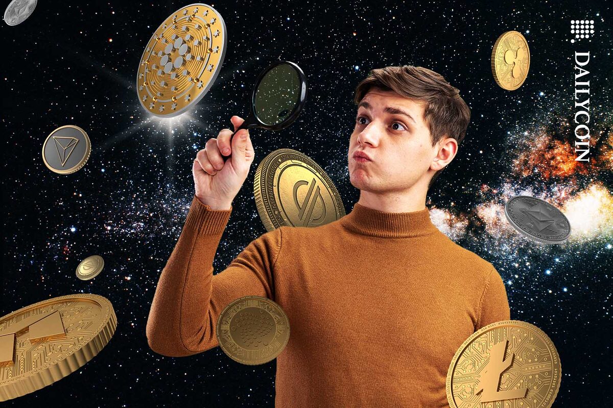 Young man investigating Alt coins floating around in space.