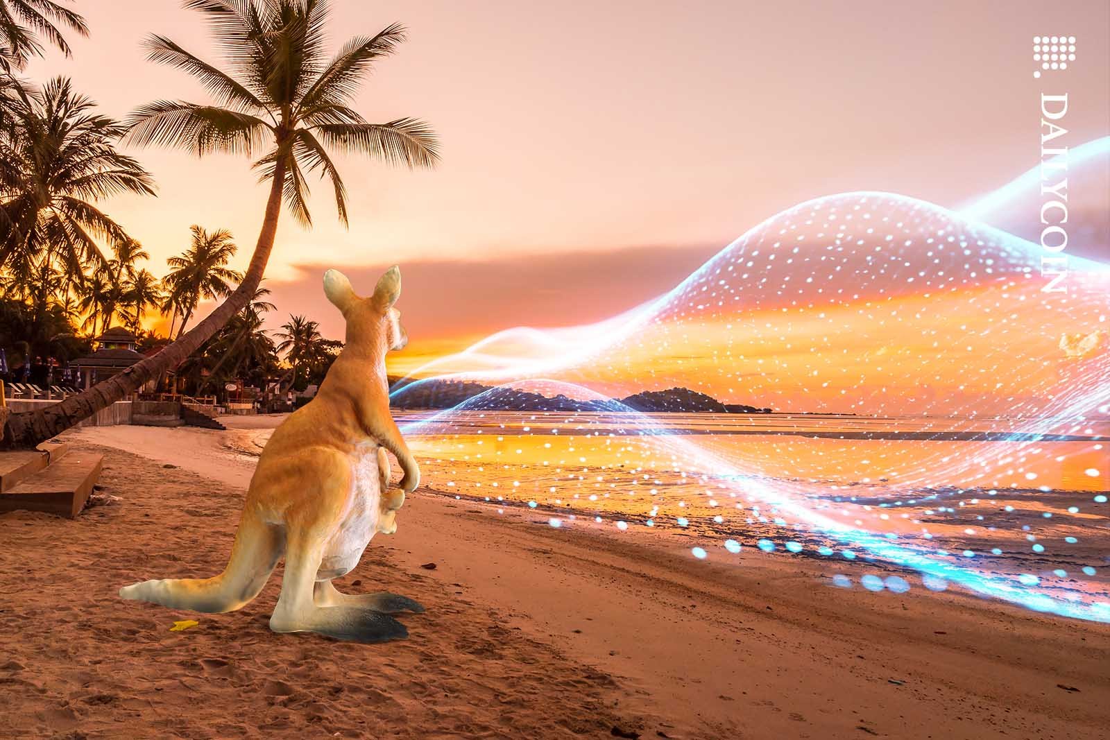 Kangaroo on an Australian beach witnessing A digital tsunami.