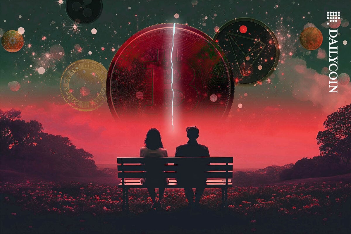 A couple on a bench looking at a Bitcoin moon sharing the night sky with many altcoins.