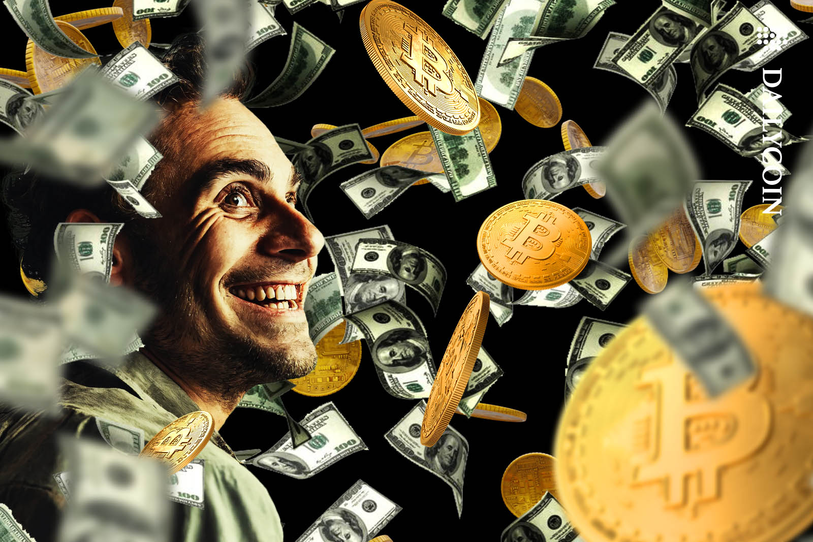 Man looking at falling dollars and bitcoins with a greedy smile.