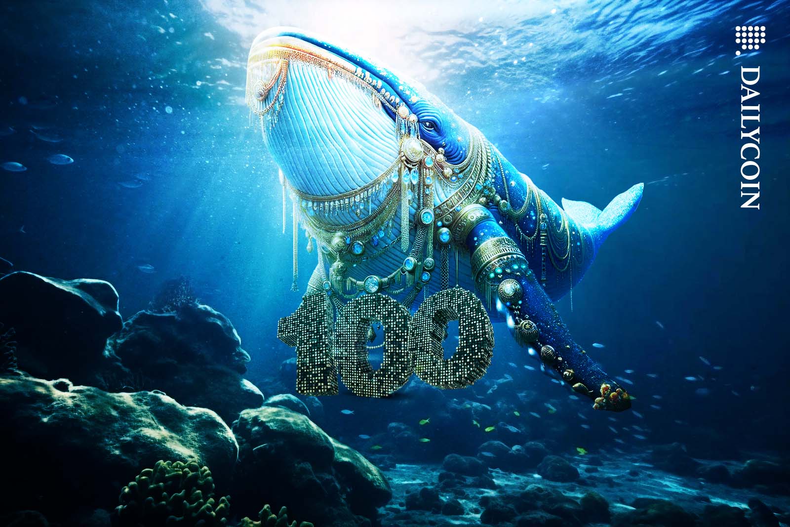 A whale under water, wearing lots of jewellery including a huge "100" pendant.