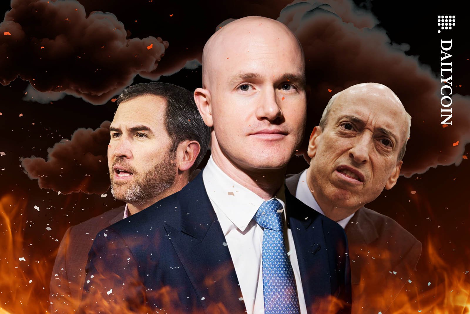 Brian Armstrong, Brad Garlinghouse and Gary Gensler surrounded by smoke and fire.