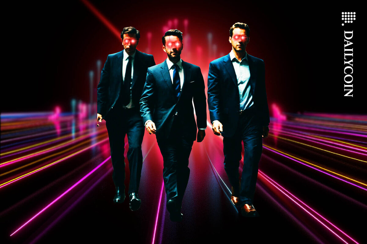 Three businessmen approaching the camer in a digital environment.