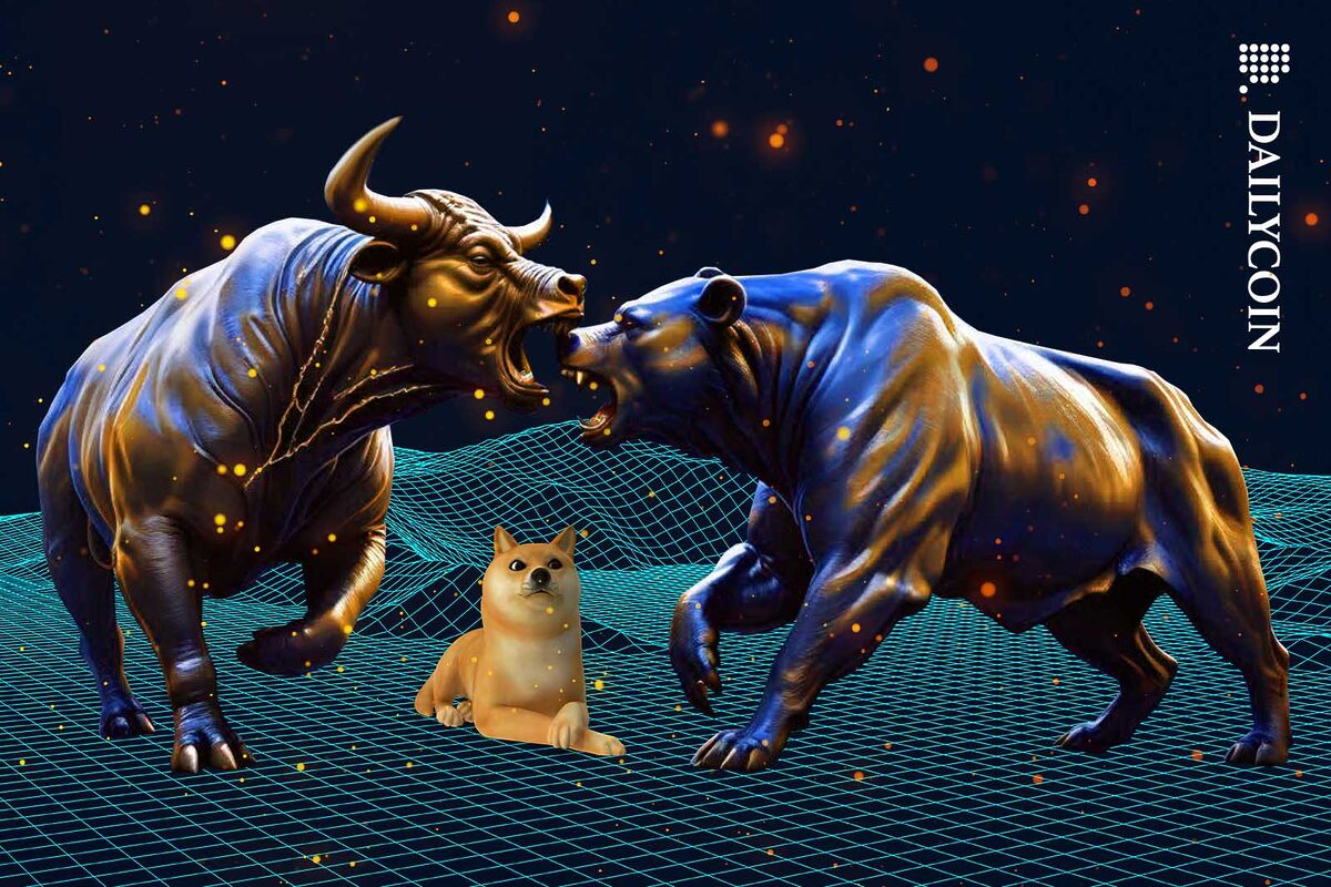 A Dogecoin dog watching a bull and a bear fight from close up.