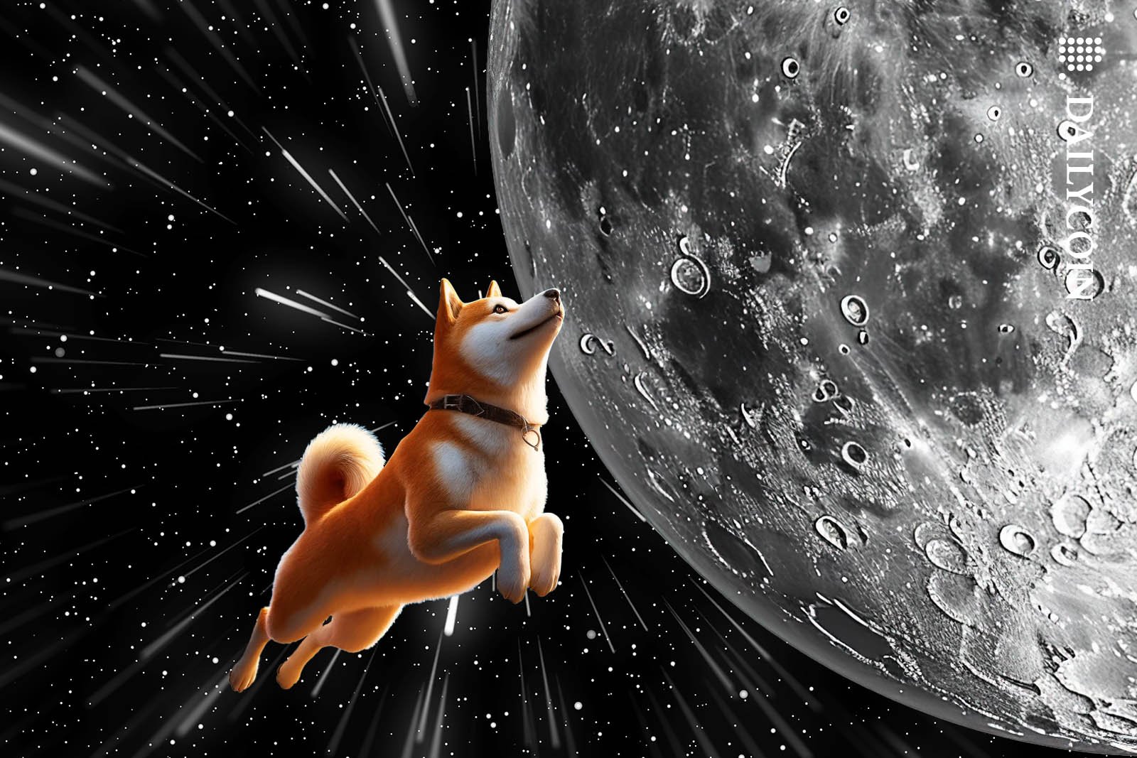 Dogecoin dog flying in space towards the moon.