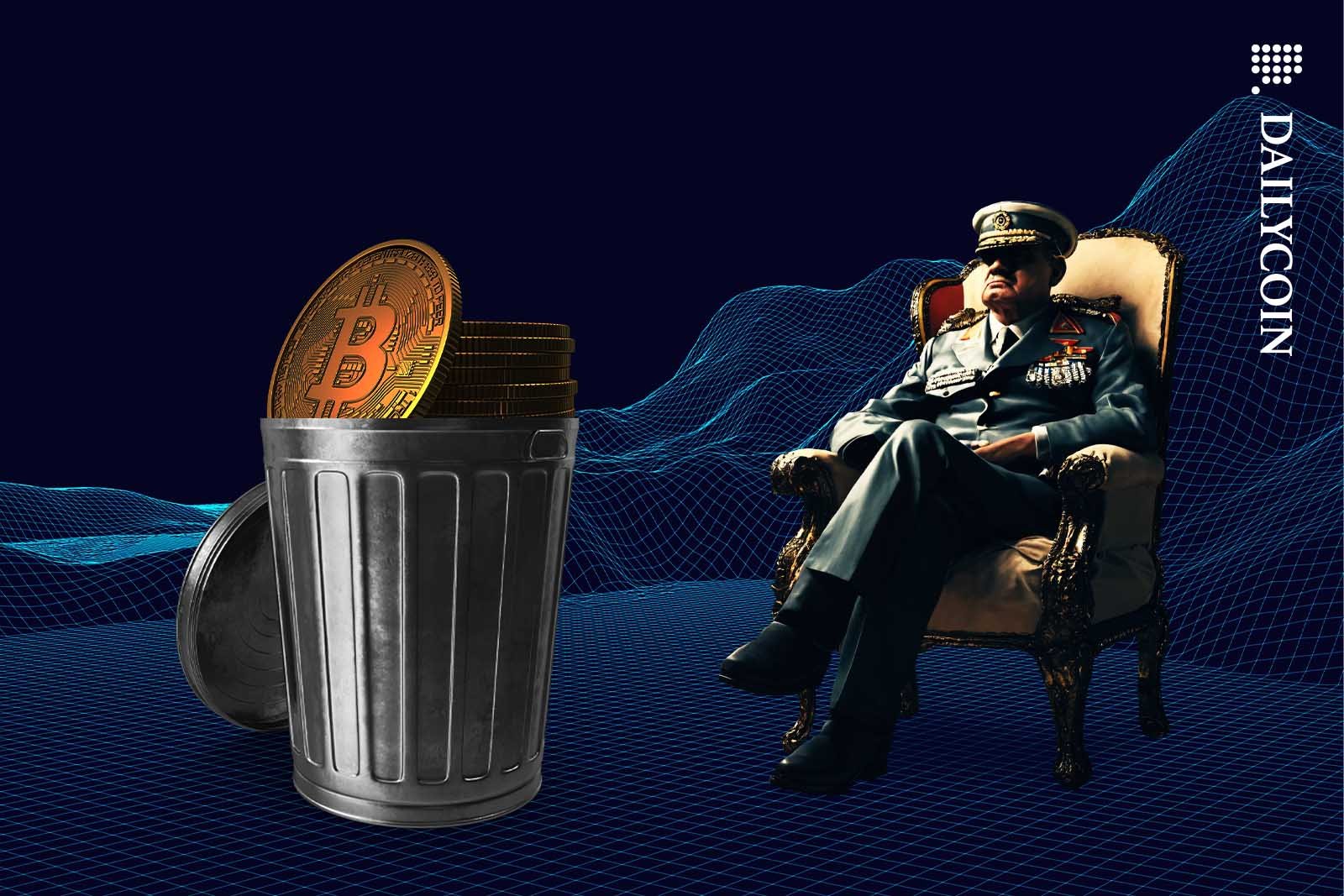 A dictator sitting in a fancy chair looking at some Bitcoins in a bin.