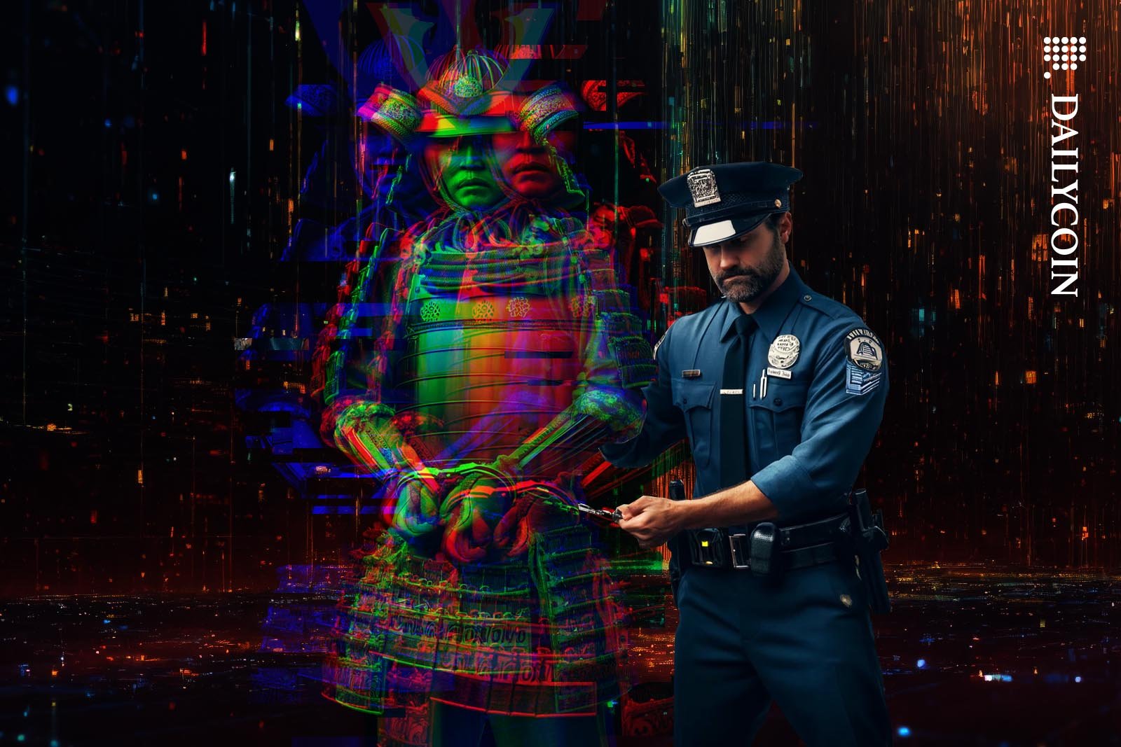 A digital Samurai being arrested by a policeman.