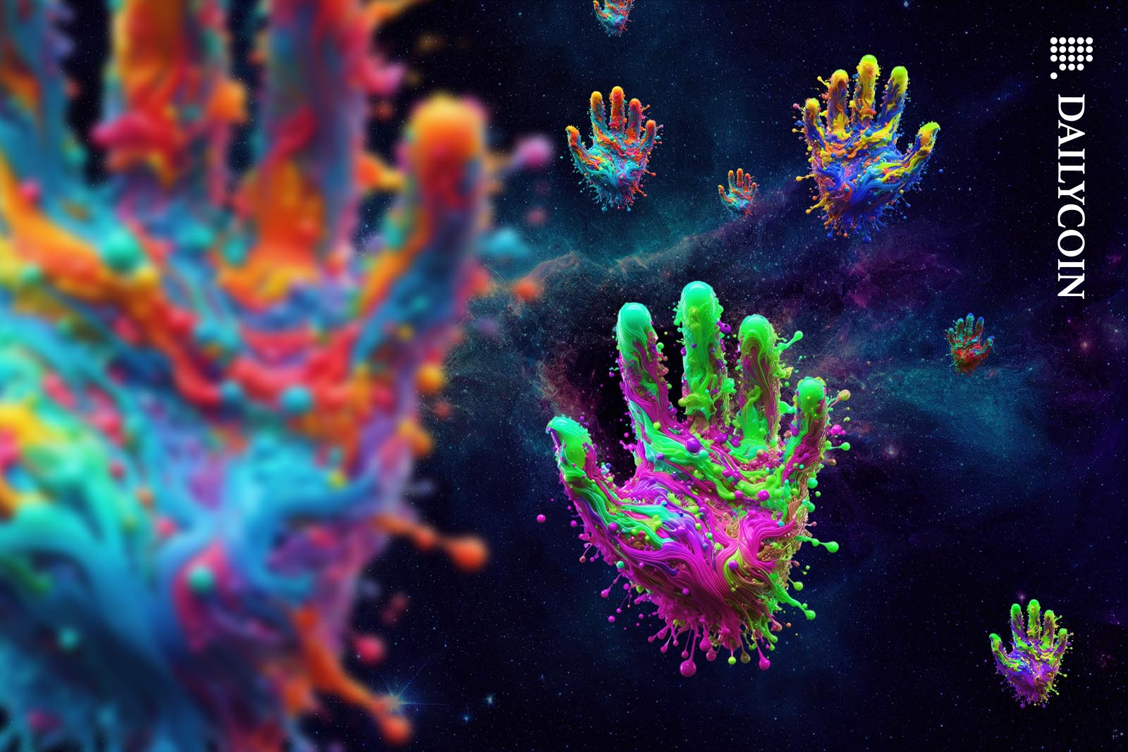Colourful hands floating around in space.