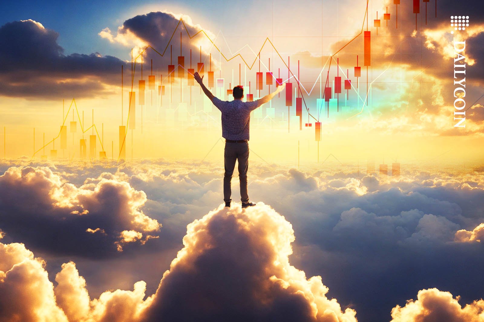 Man standing on the top of a cloud with his arms in the air, welcoming some positive charts on the sky.