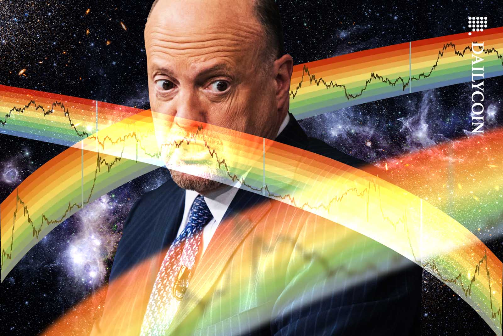 Jim Cramer looks confused surrounded by Bitcoin rainbows.