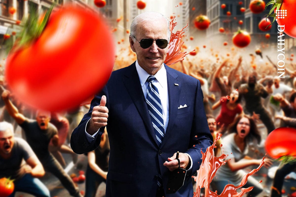 Joe Biden with an angry crowd behind throwing tomatoes at him.