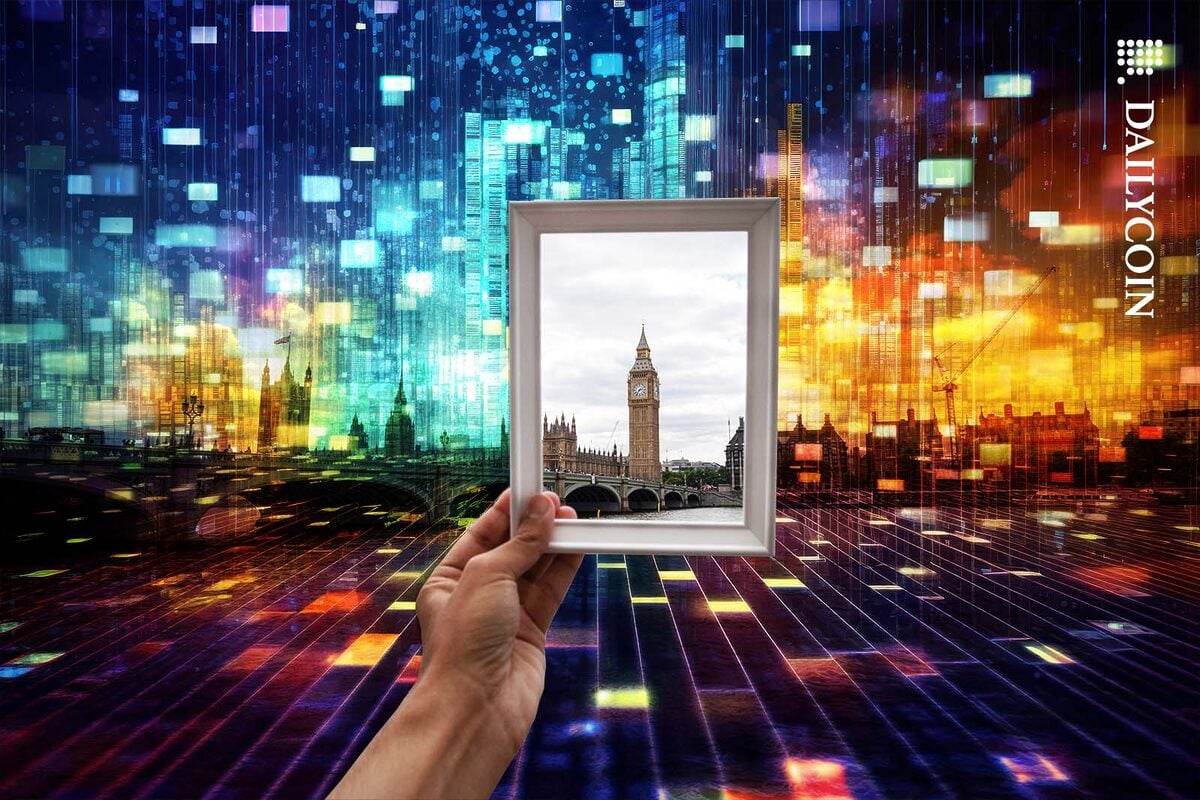 Hand holding up a picture of Big Ben, positioned with a digital mess of the London skyline.