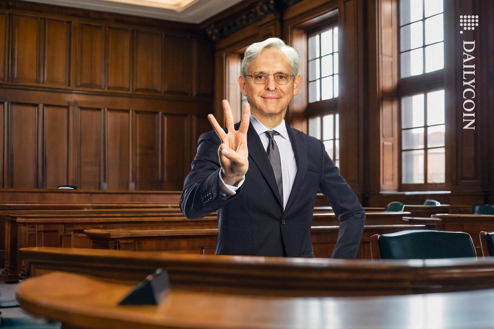 DOJ chair Merrick Garland showing three fingers in court room.