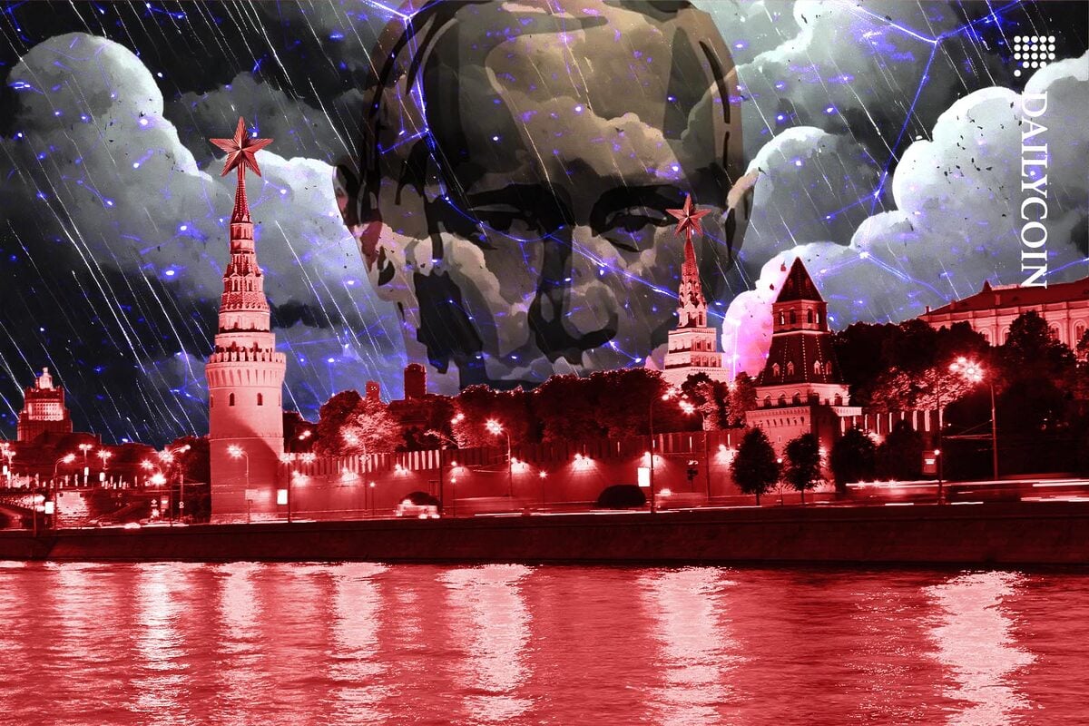 Vladimir Putin looking over Moscow from a digital cloud.