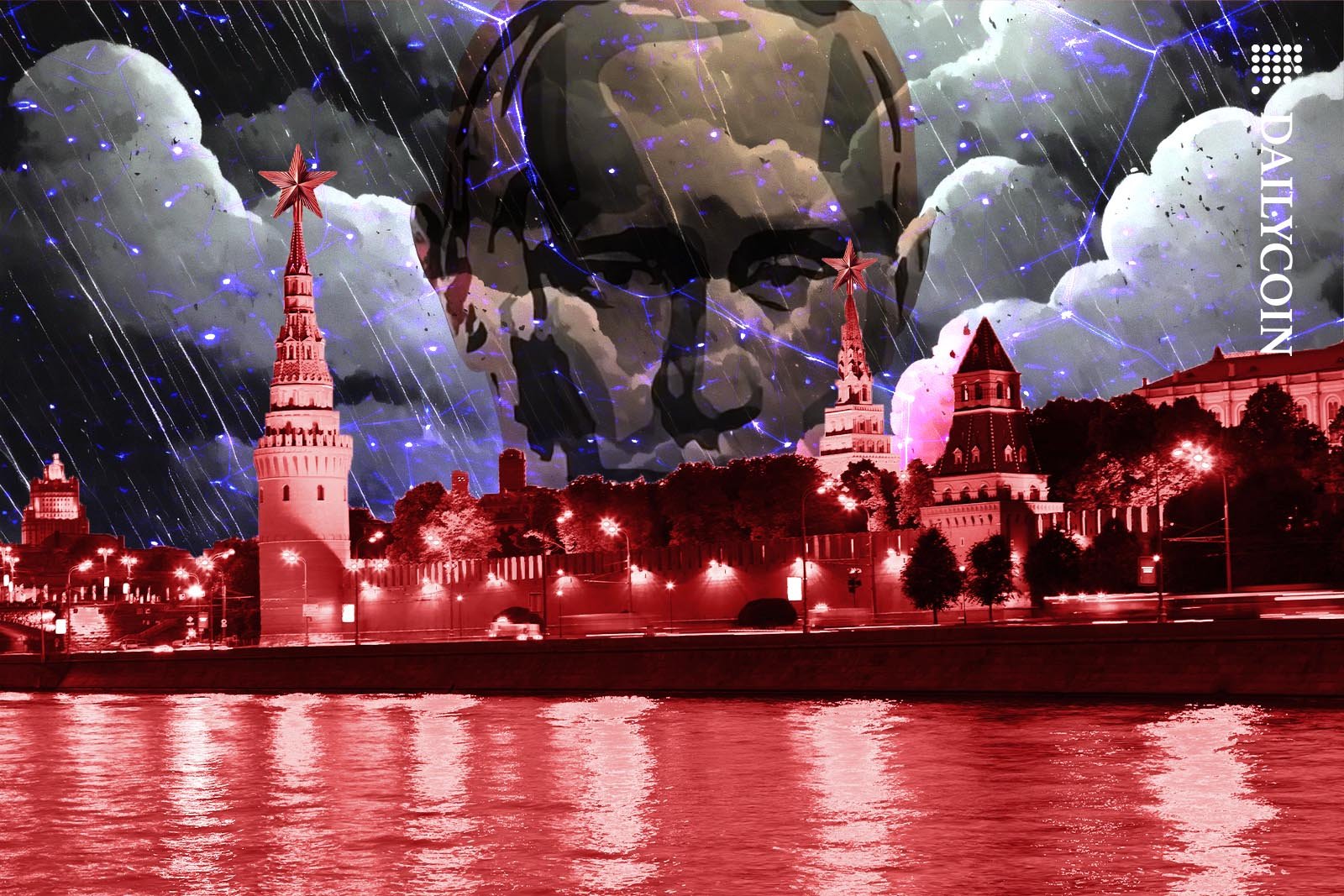 Vladimir Putin looking over Moscow from a digital cloud.
