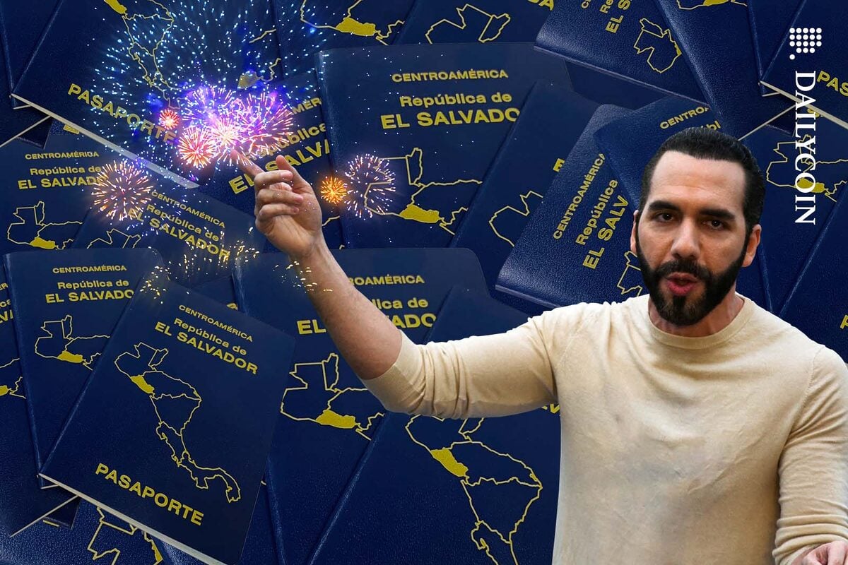 Nayib Bukele with fireworks coming out of his fingers infront of a wall of passports.