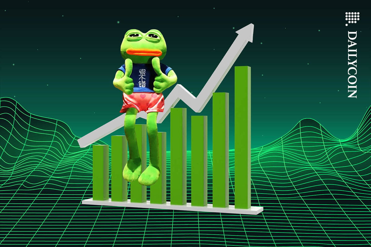 Pepe the frog sitting on a green upwards chart in a wireframe landscape.