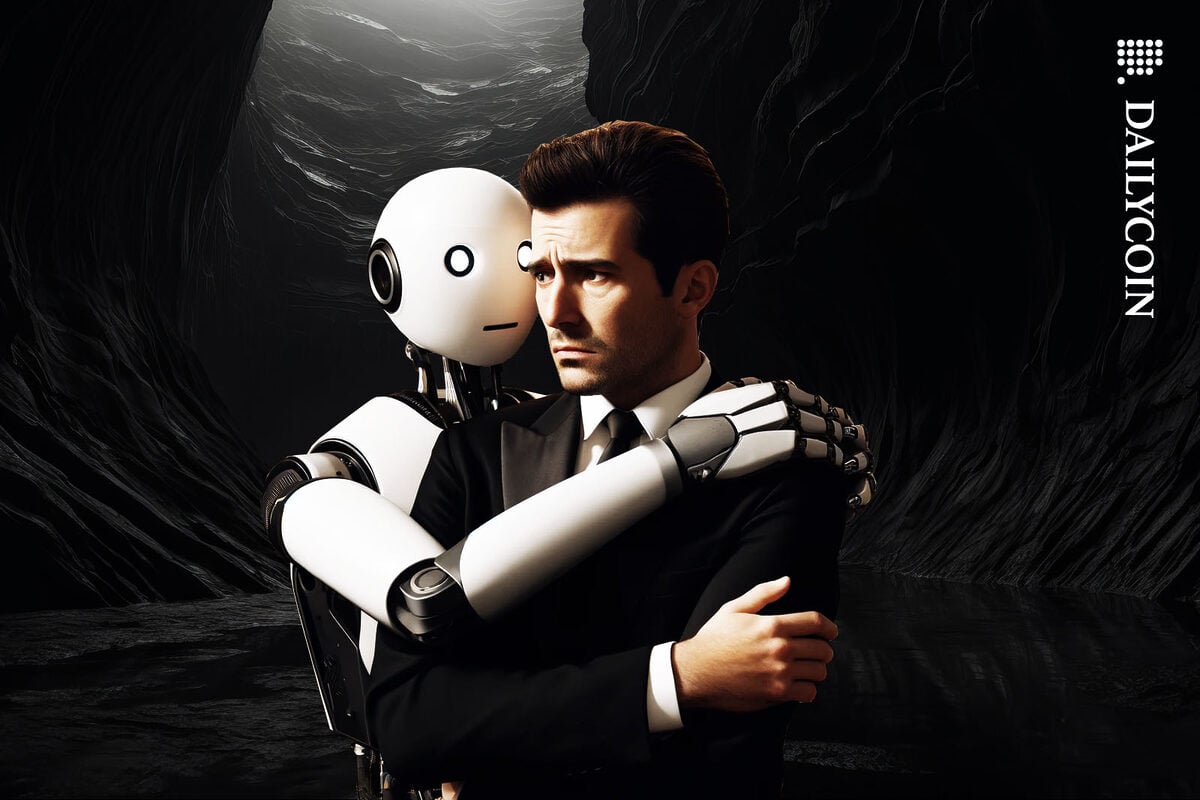 A serious looking man and a silly looking robot hugging in a dark cave.