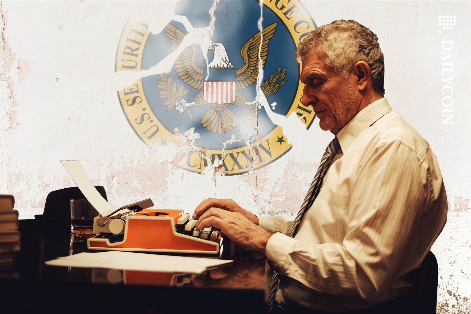 Elderly gentleman working on a typewriter in a tired SEC office.