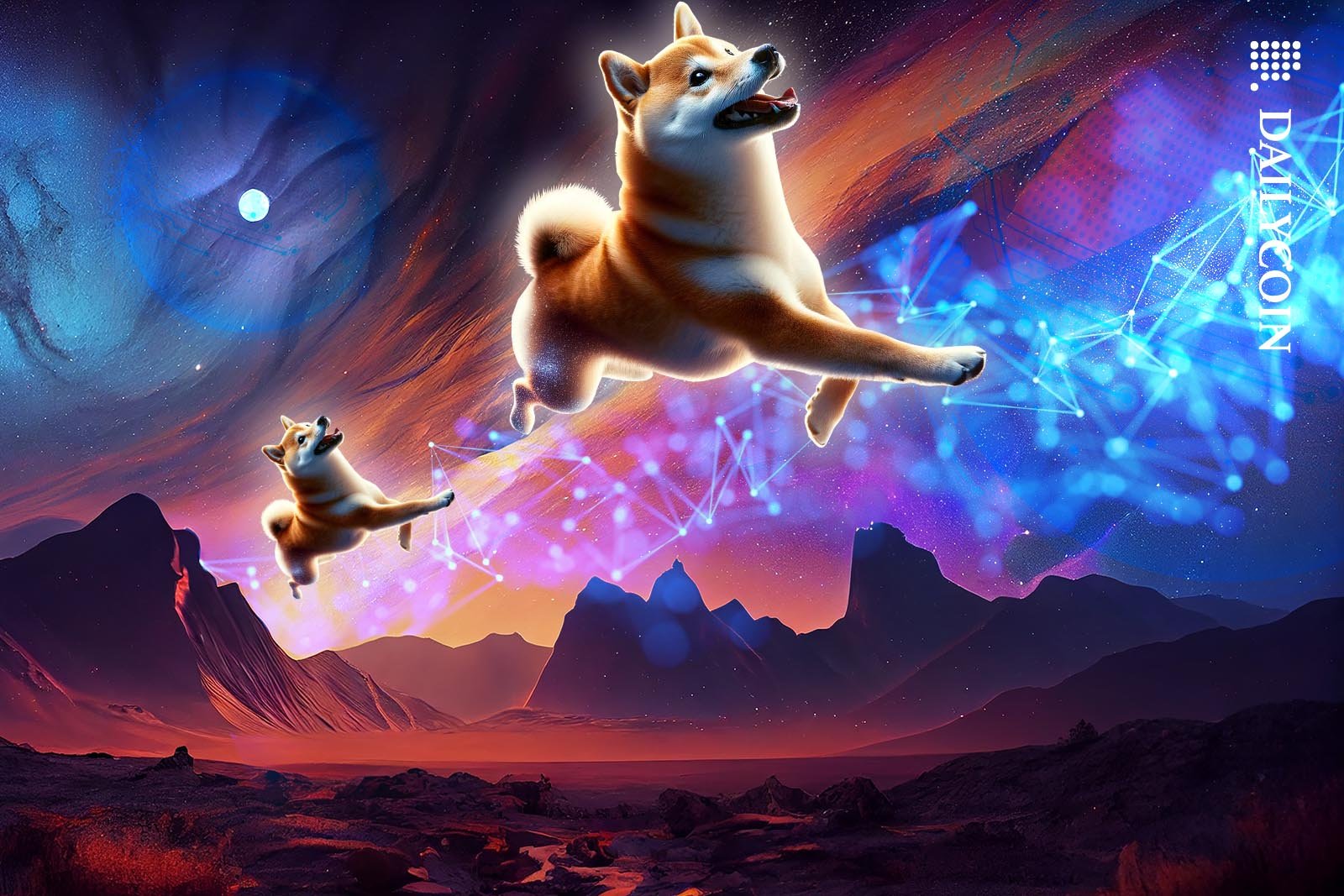 Two Shiba Inus running accross the sky over a mountain range.
