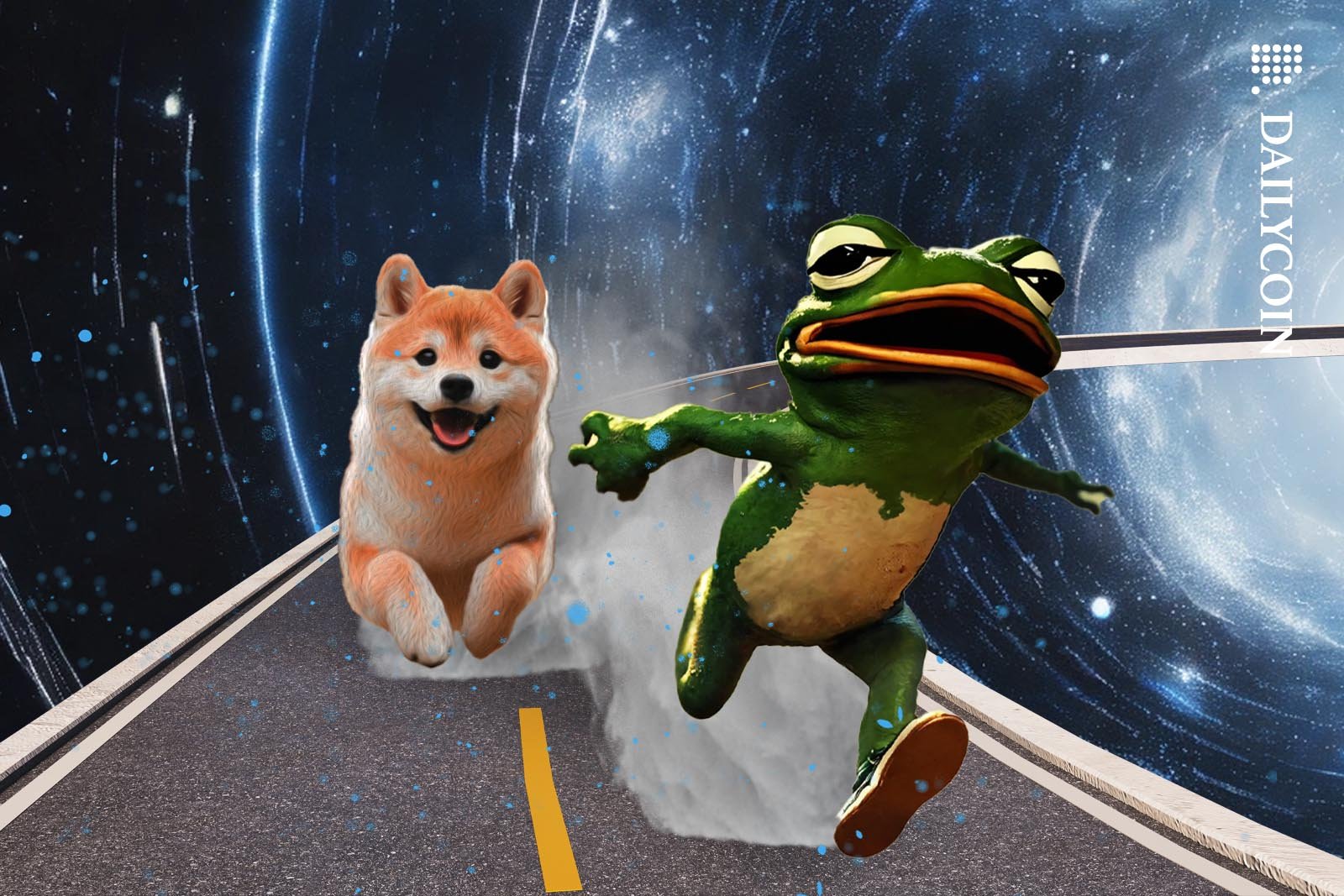 Shiba Inu and Pepe the frog running on a road on the sky.
