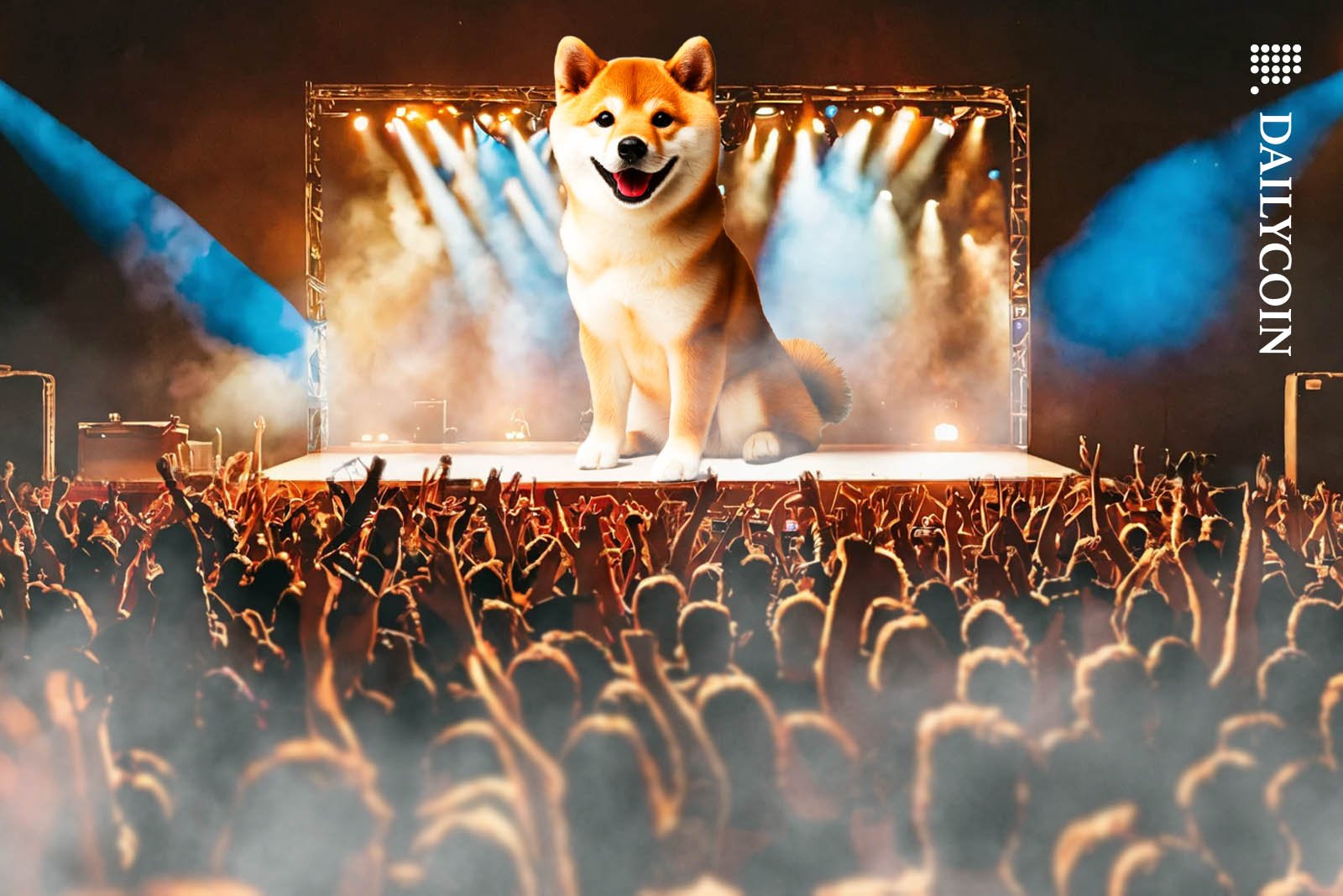 Shiba Inu sitting on a stage celebrated by thousands of people.