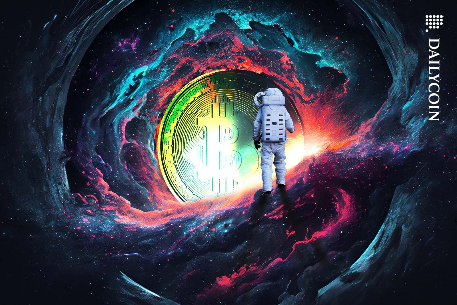 Astronaut approaching a Bitcoin in space.