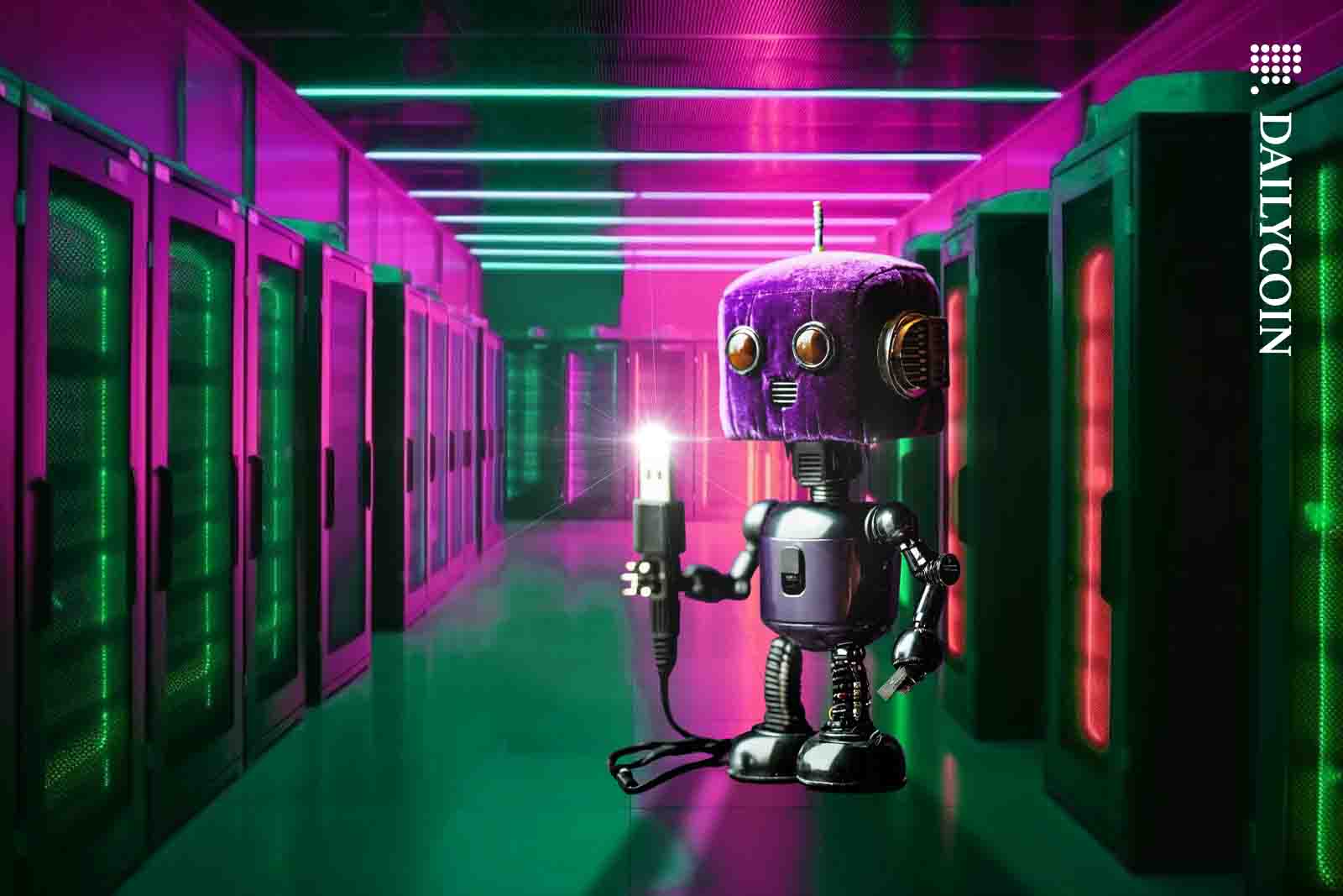 Purple velvet robot unplugging a server room.