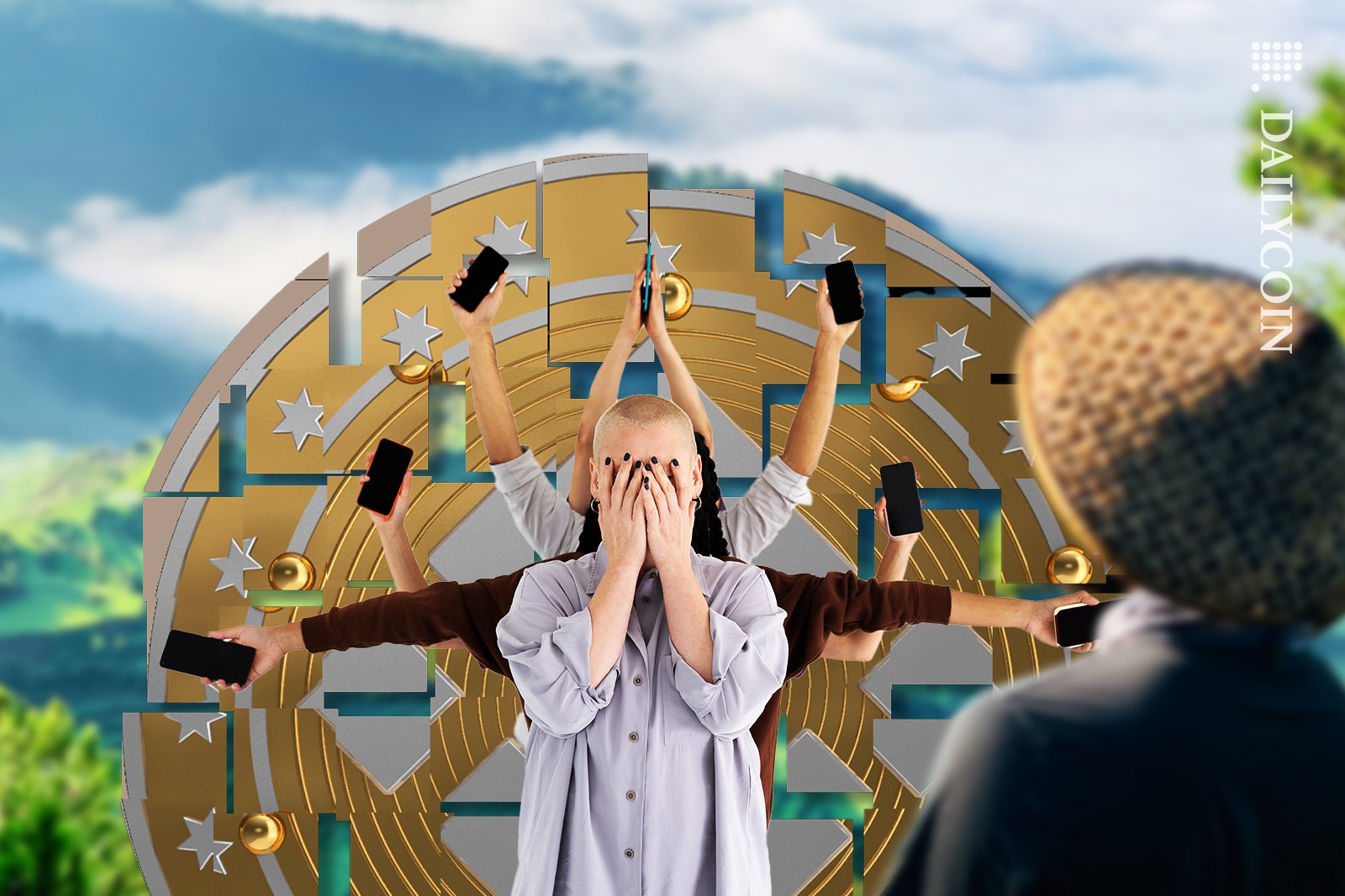 Hands in air with mobile phones and a girl is covering her face in dissbelief. Binance logo is breaking up into pieces in Asia.