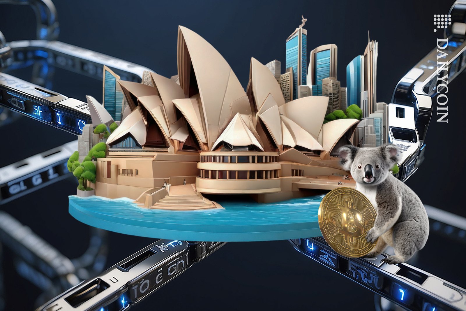 Koala holding a bitcoin on a blockchain connected to Australia.