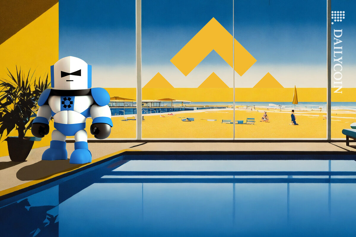 Omni Network (OMNI) robot standing next to his pool on Binance land.